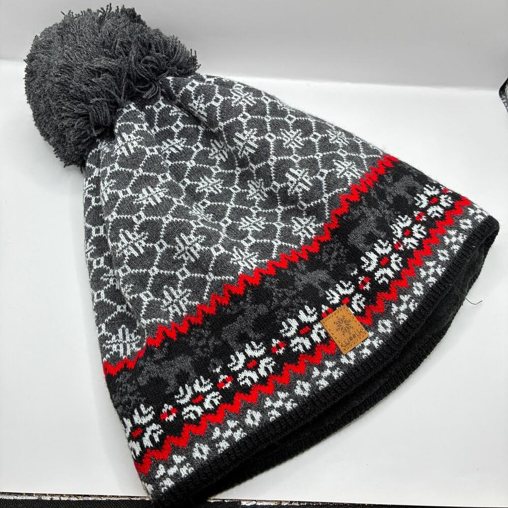 WoolK Gray & Red Geometric Fair Isle Fleece Lined Pompom Beanie OS Ski Outdoors